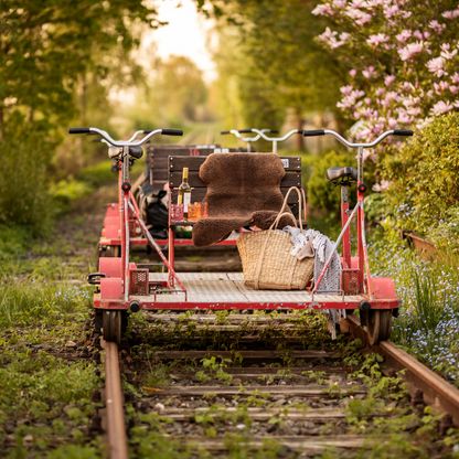 Naturpark-Draisine Holsteinische Schweiz Die Draisinen sind auf den Schienen geparkt. Ein Korb mit Getränken stehen für ein Picknick bereit.