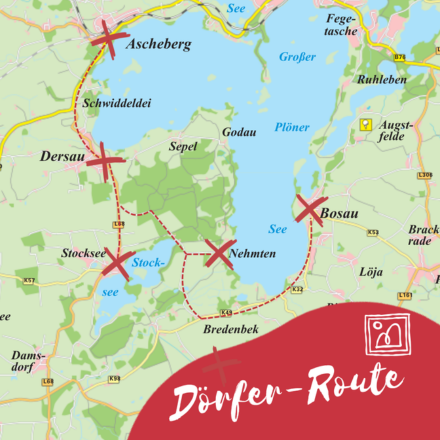 Karte mit roten Kreuzen auf Ascheberg, Dersau, Stocksee, Nehmten und Bosau